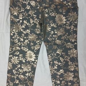 CHICOS WOMENS GREEN/GOLD JULIET FLORAL DAMASK SLIM ANKLE PANTS
